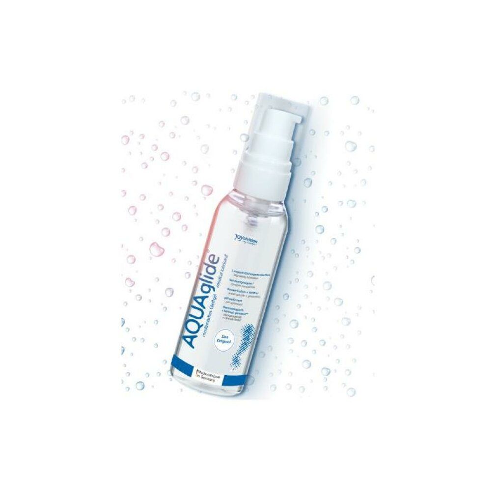 Flacon transparent avec pompe blanche. Inscription: AQUAglide, gel lubrifiant médical. Avec logo et texte.