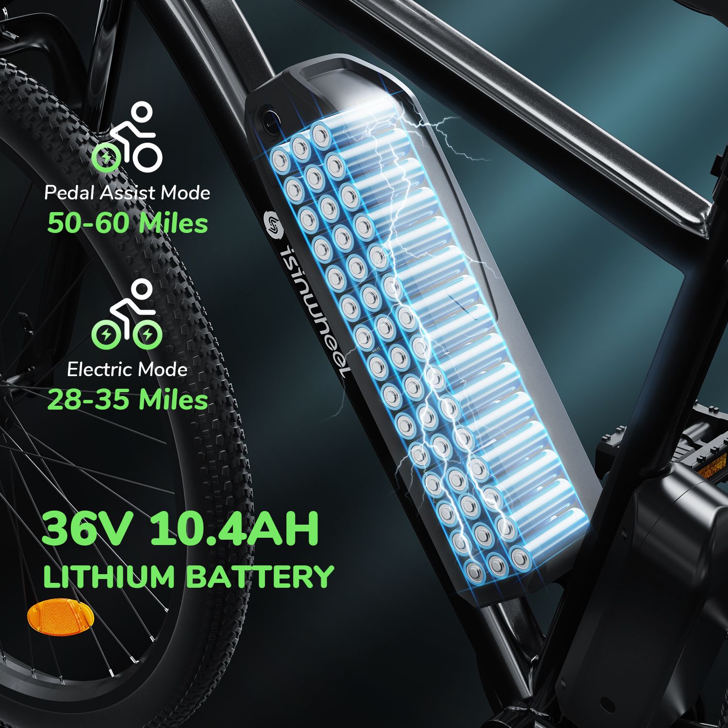 E-bike batterij met 36V 10.4AH lithium batterij. Tekst toont trapondersteuningsmodus 50-60 mijl en elektrische modus 28-35 mijl.