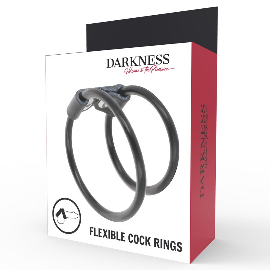 Emballage pour deux anneaux péniens flexibles noirs en silicone. La face avant montre une image du produit et le texte.