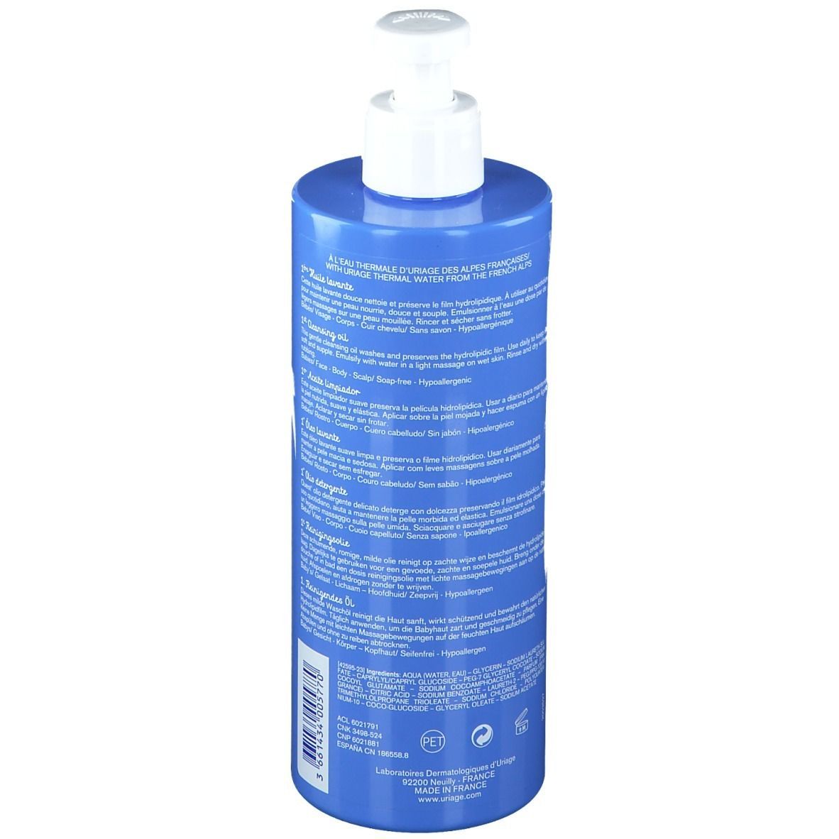 Flacon bleu avec pompe blanche. Texte multilingue au dos. Contient de l'eau thermale des Alpes françaises.