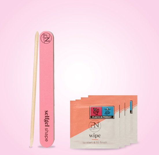 Roze nagelvijl met 'selfgel shape' en bokkenpoot. Doekjes met PN-logo en tekst.