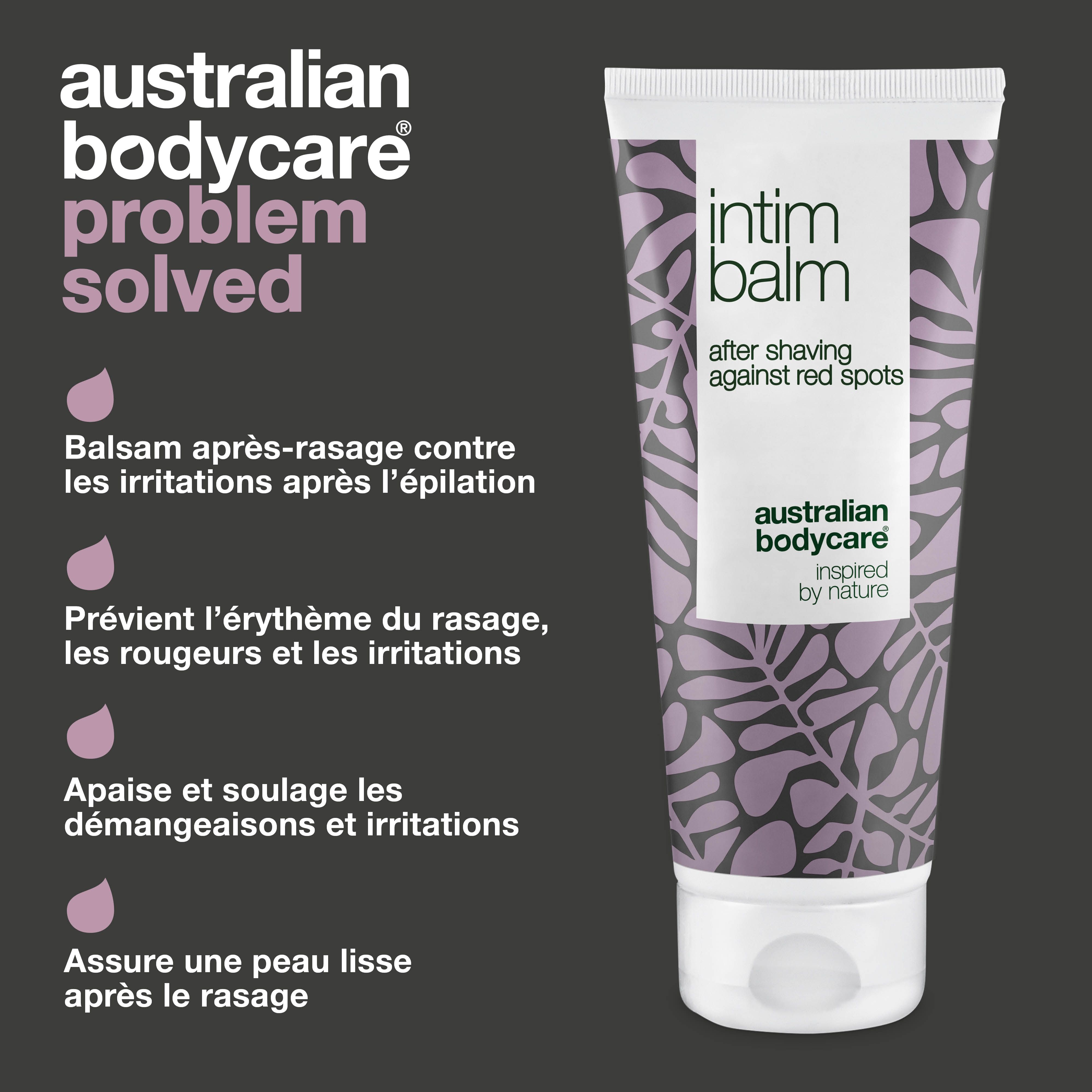Problème résolu. Baume intime. Australian Bodycare. Texte et gouttes.