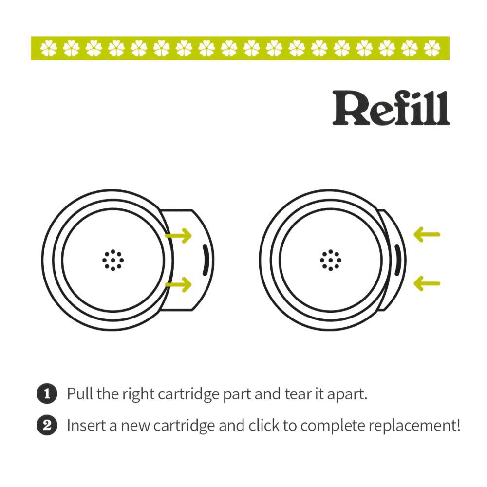 Deux cartouches rondes. Flèches indiquant l'ouverture. Texte: Recharge. Instructions: 1. Retirer la partie. 2. Insérer une nouvelle cartouche.