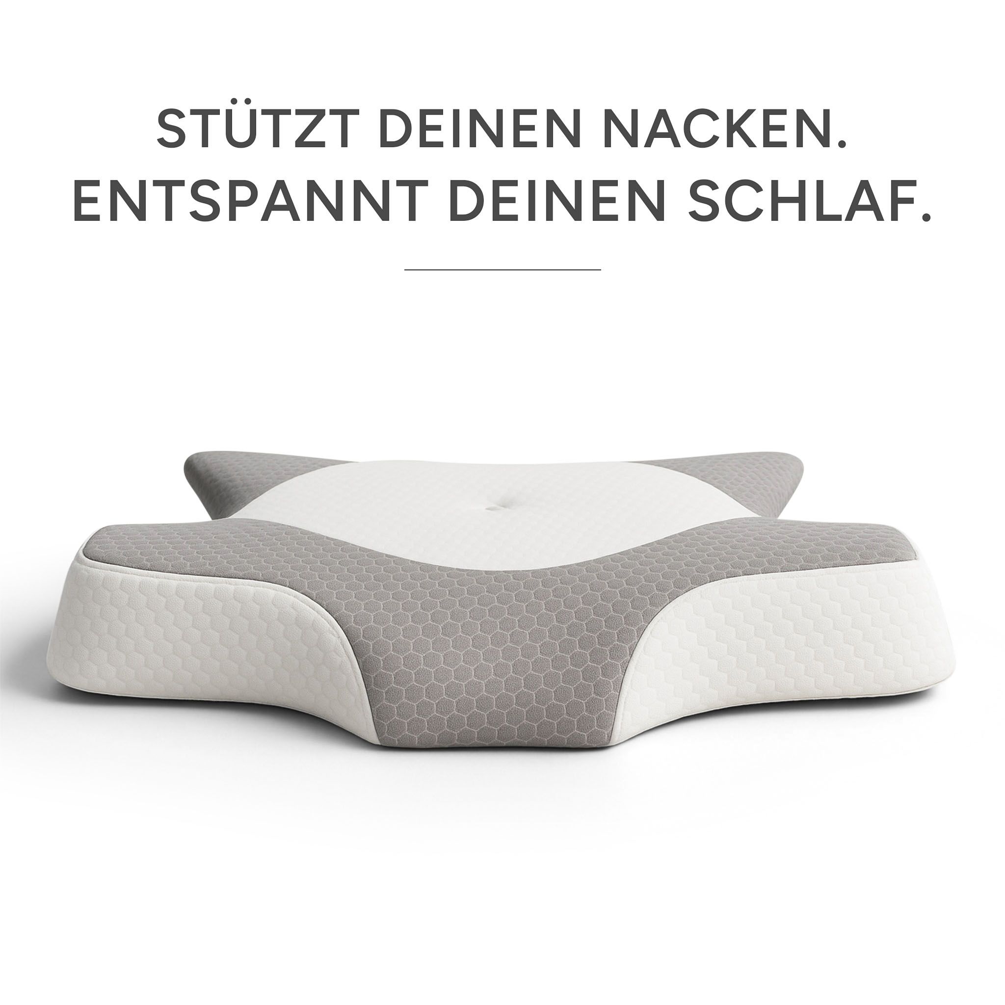 Orthopedisch nekkussen, grijs-wit. Tekst: 'Ondersteunt je nek. Ontspant je slaap.'