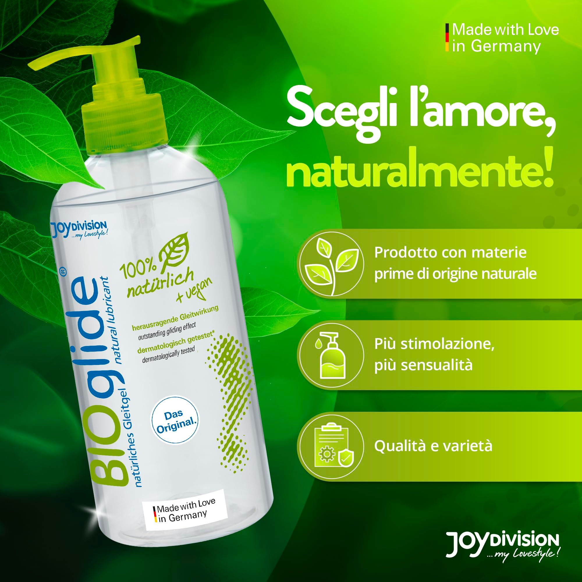 Fles BIOglide glijmiddel met pompdos, omringd door bladeren. "Scegli l'amore, naturalmente!" in het Italiaans.