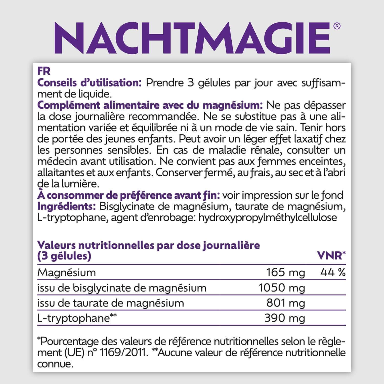 Flacon avec étiquette violette. Texte : NACHTMAGIE, Magnesiumbisglycinate, Magnesiumtaurate, L-Tryptophane. 200 gélules. Fond de nuit.