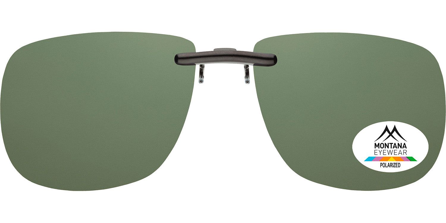 Clip-on zonnebril met groen getinte glazen. Zwart montuur. Montana Eyewear logo en Polarized sticker.