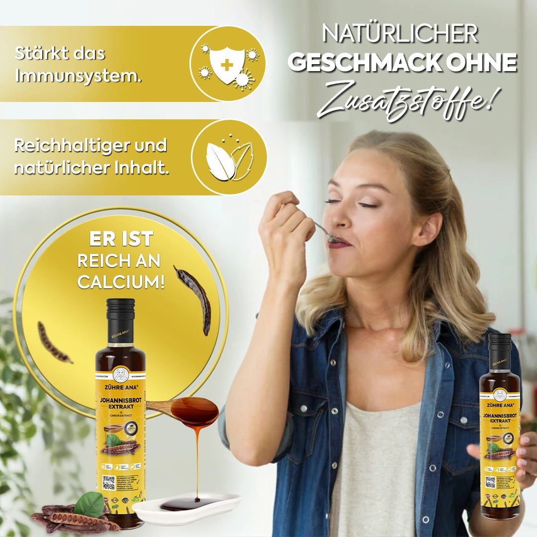 Vrouw eet met lepel. Fles met geel etiket, opschrift: Zühre Ana Johannisbrot Extrakt. Lepel met vloeistof.