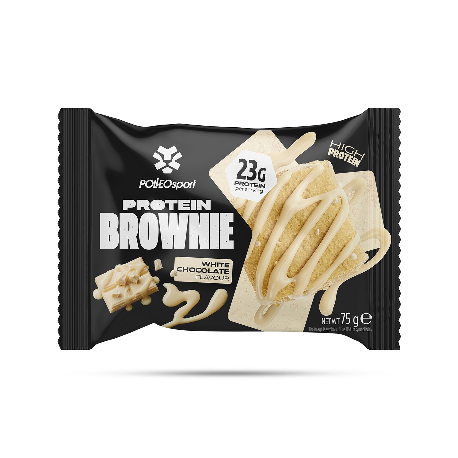 Emballage noir de Protein Brownie. Inscription : PolleoSport, Protein Brownie, 23g de protéines, White Chocolate Flavour. 75g.