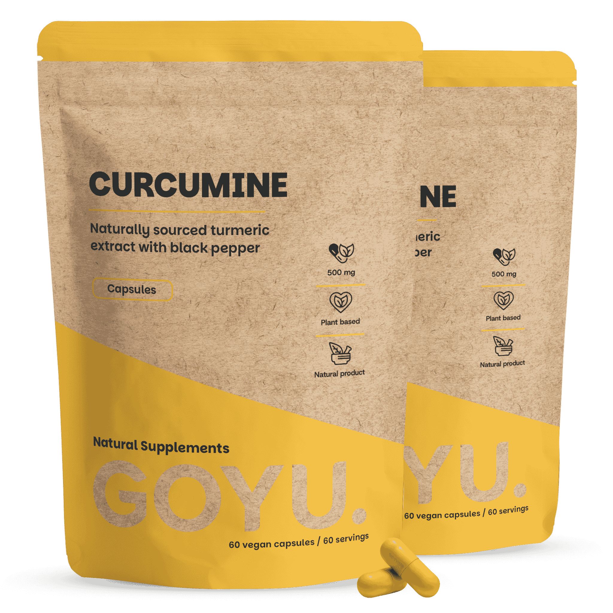 Deux sachets marron de capsules de curcumine, un devant, un légèrement décalé. Bande jaune en bas.