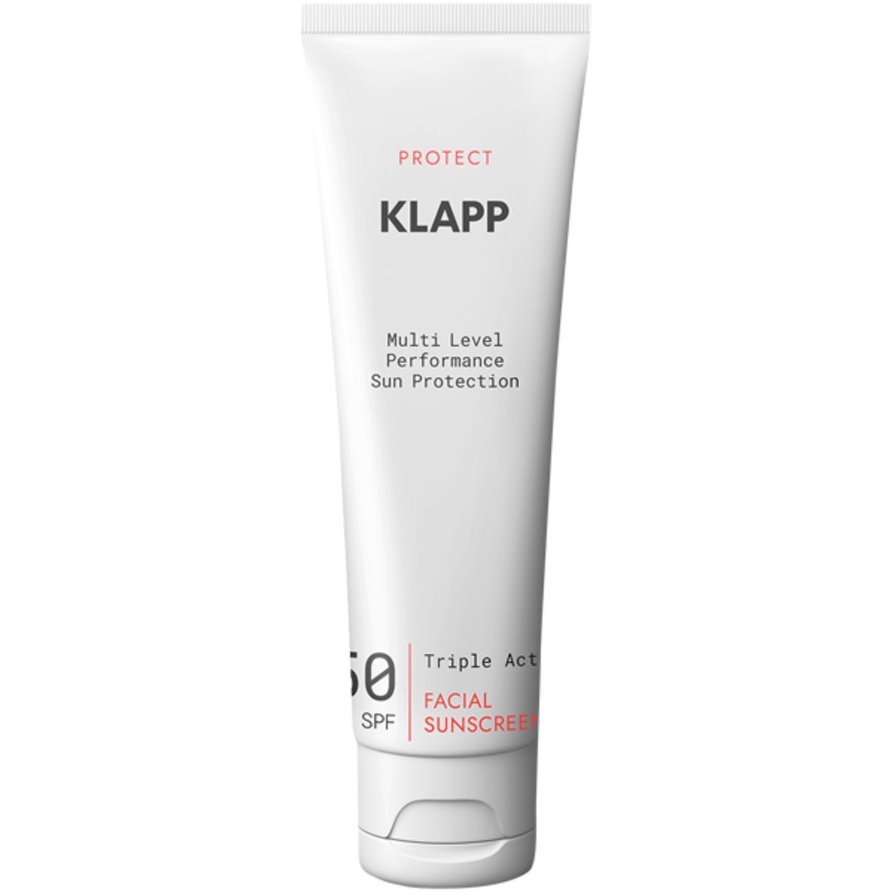 Witte tube met productinformatie. Klapp-logo, SPF 50, Triple Action Facial Sunscreen.