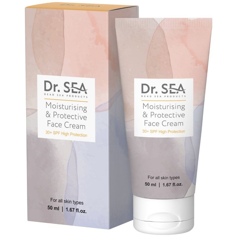 Crèmetube en doos. Opschrift: Dr. SEA, Moisturising & Protective Face Cream SPF30+. Voor alle huidtypes, 50 ml.