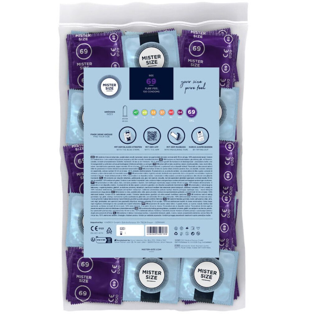 Paquet de préservatifs. Visible : Mister Size, 69. Préservatifs emballés individuellement dans du film plastique, dans un sac transparent. Dos avec informations.