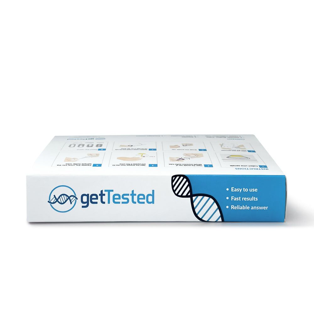 GetTested 3 in 1 STI Test doos. Bovenkant met logo en DNA-symbool. Tekst: Easy to use, Fast results, Reliable answer.