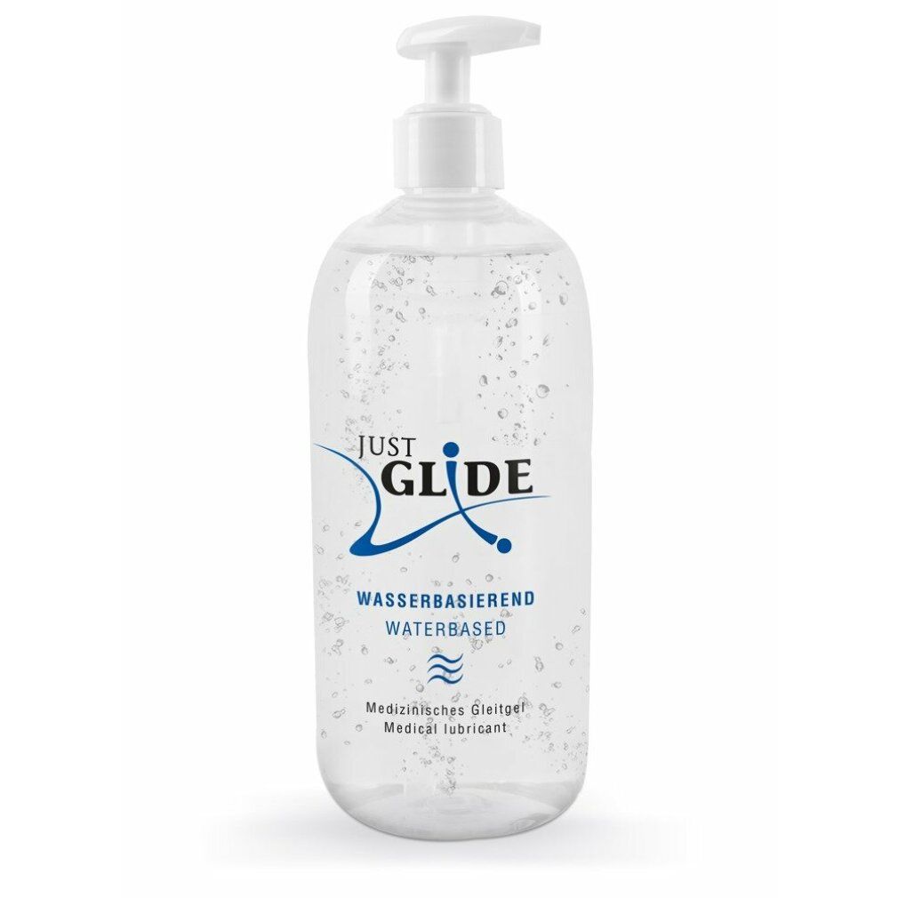 Flacon transparent avec pompe. Inscription : JUST GLIDE, à base d'eau, lubrifiant.