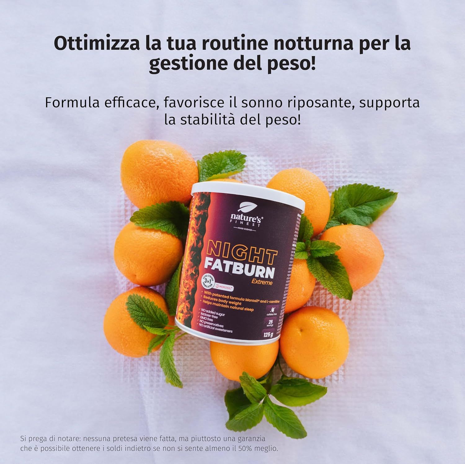 Boîte Night Fatburn Extreme sur oranges et menthe. Texte : Optimisez votre routine nocturne pour la gestion du poids !