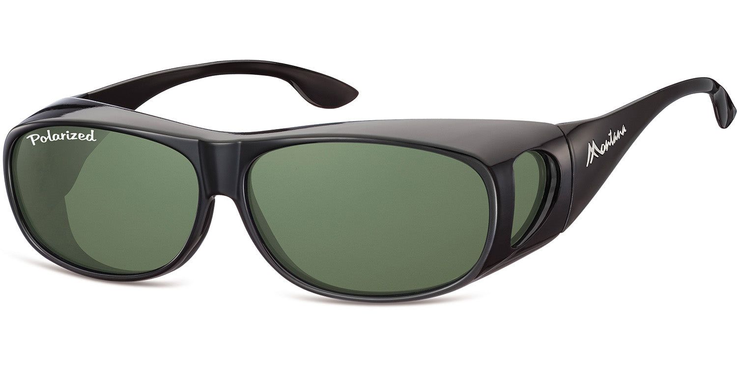 Lunettes de soleil noires avec verres verts. "Polarized" sur la lentille gauche. Logo "Montana" sur le côté.