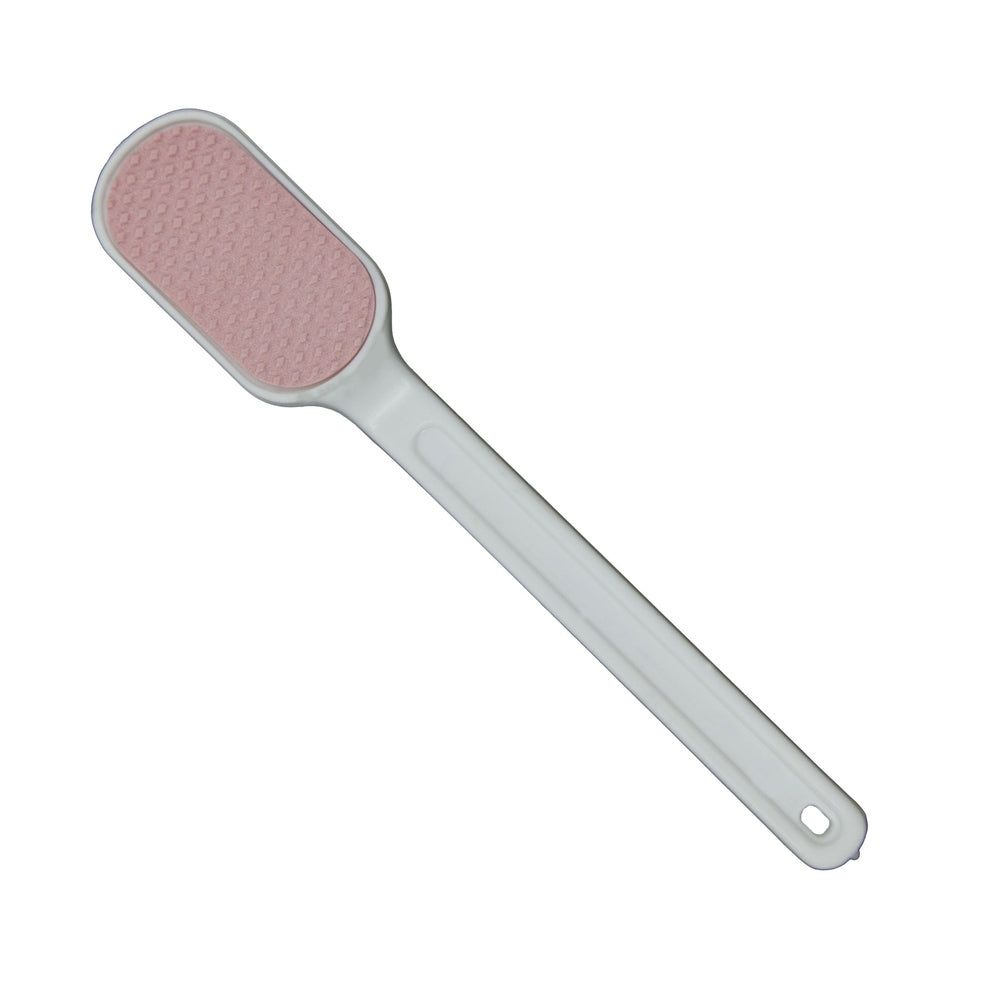 Eeltrasp met roze schuurvlak en witte handgreep. De handgreep heeft een gat om op te hangen.