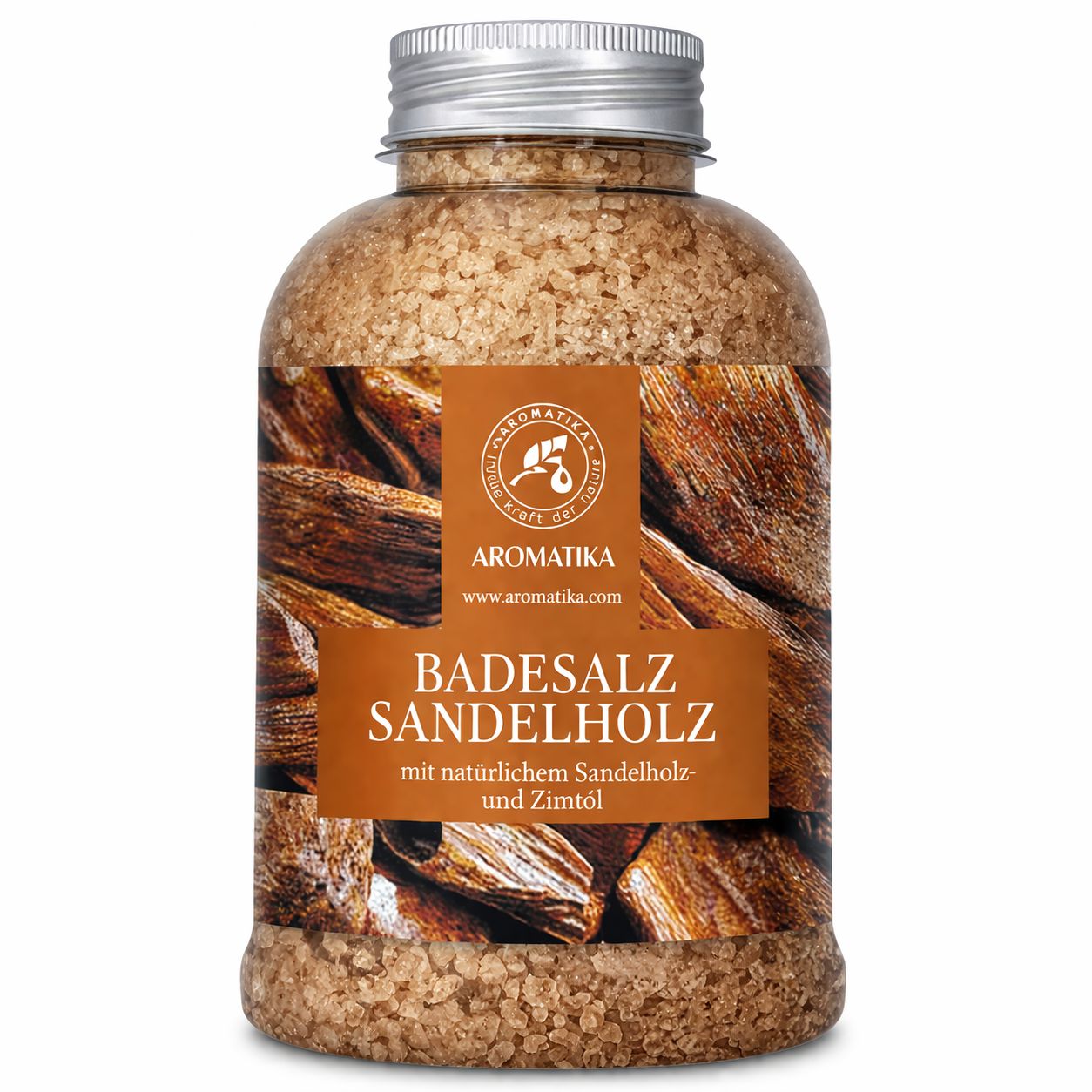 AROMATIKA Sel de bain bois de santal dans une bouteille transparente avec bouchon argenté.