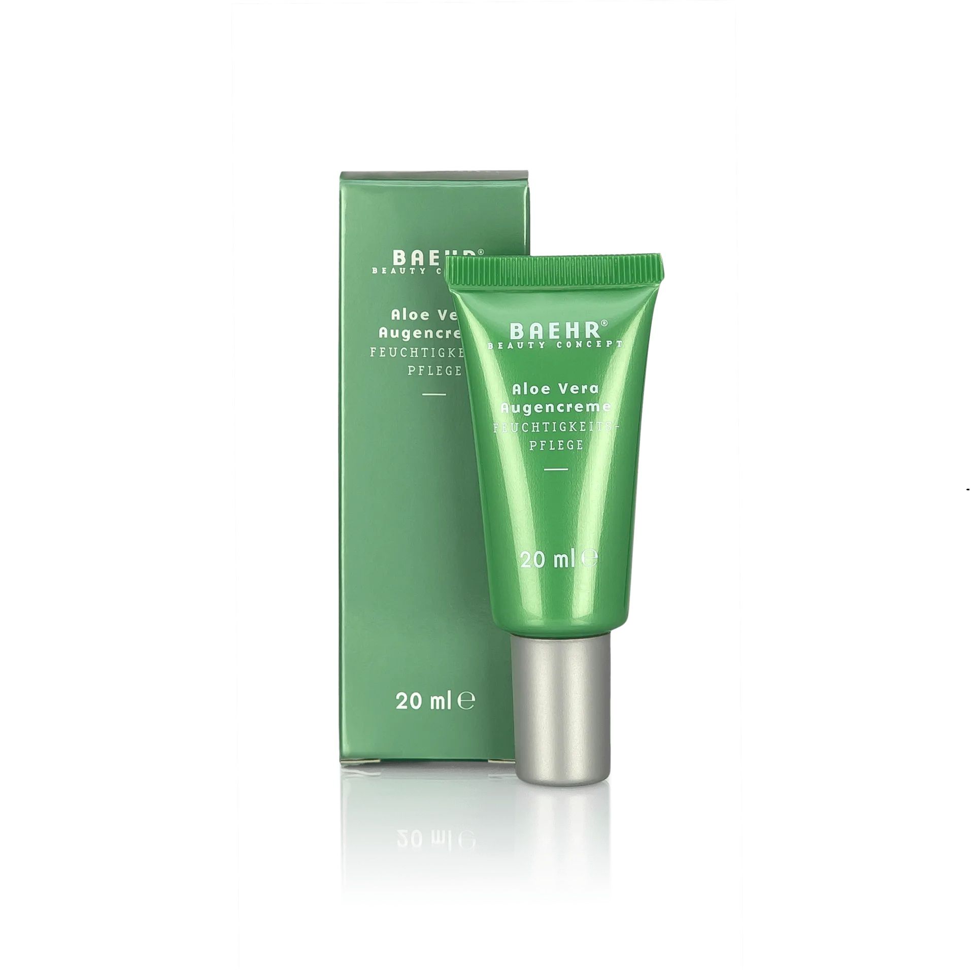 Baehr Beauty Concept Aloë Vera oogcrème in groene tube met zilveren dop, naast de bijpassende groene doos.