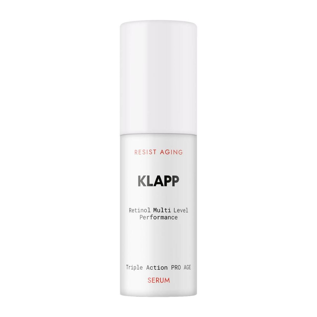 Flacon blanc avec texte : KLAPP, Resist Aging, Retinol Multi Level Performance Serum.