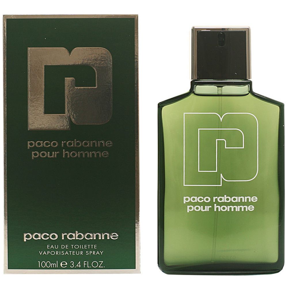 Flacon et boîte verts avec logo et texte blancs. Le flacon porte l'inscription "paco rabanne pour homme".