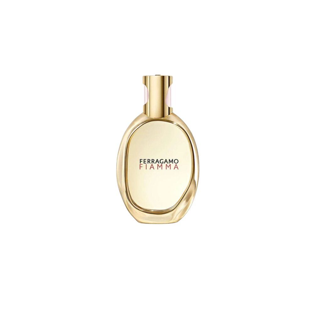 Goudkleurig ovaal parfumflesje met zilverkleurig etiket en opschrift 'FERRAGAMO FIAMMA'.