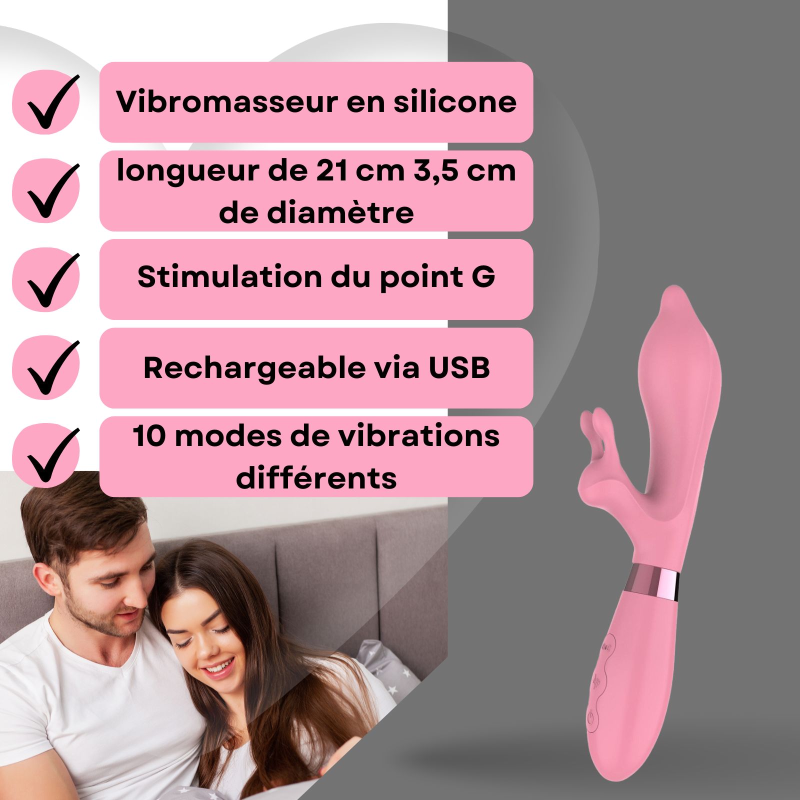 Vibrateur rose avec oreilles de lapin. Sur socle blanc, fond avec couple.