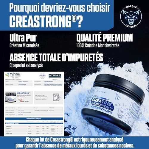 Pot met tekst: Creatine Monohydrate Creastrong. Tekst: Niet gearomatiseerd, 100% Creatine Monohydraat.