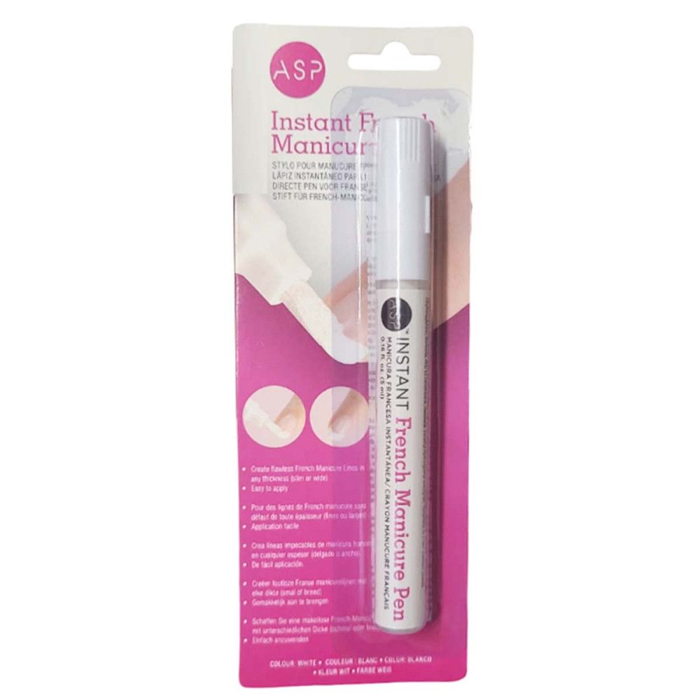 Witte pen in blisterverpakking. Opschrift: ASP Instant French Manicure Pen. Productillustratie en voorbeelden van toepassing.