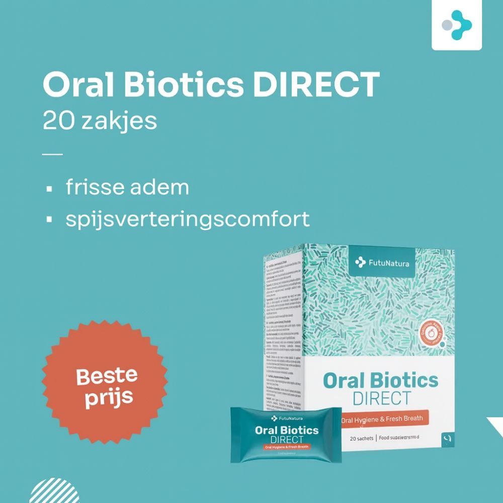 Productverpakking en zakje. Tekst: Oral Biotics DIRECT, frisse adem, spijsverteringscomfort. Tekst: Beste prijs.