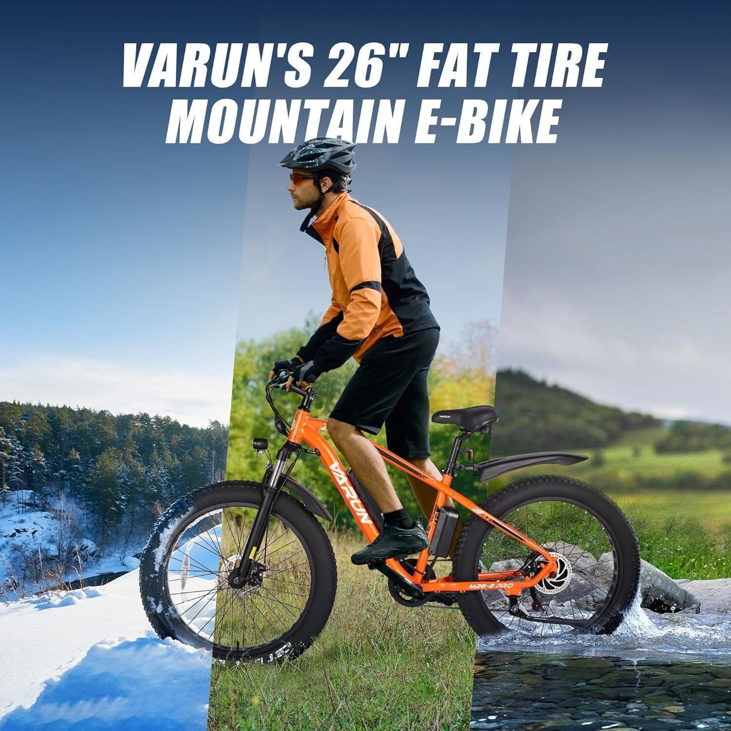 Homme faisant du vélo électrique orange. Texte: VARUN'S 26" FAT TIRE MOUNTAIN E-BIKE. Arrière-plans: neige, herbe, eau.