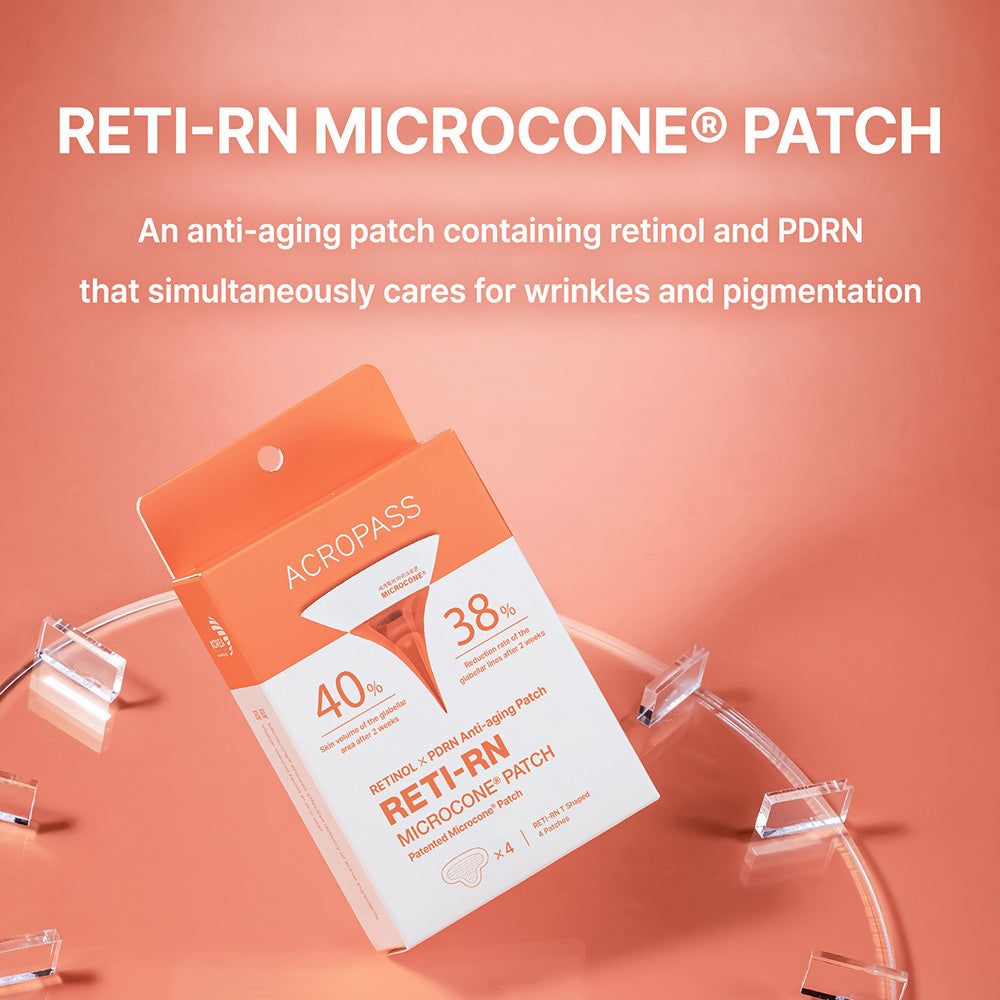 Open verpakking van ACROPASS Reti-Rn Mikrokegel-Pflaster T-Shape. Opschriften: ACROPASS, RETI-RN, Microcone Patch, 40%, 38%. Roze achtergrond.