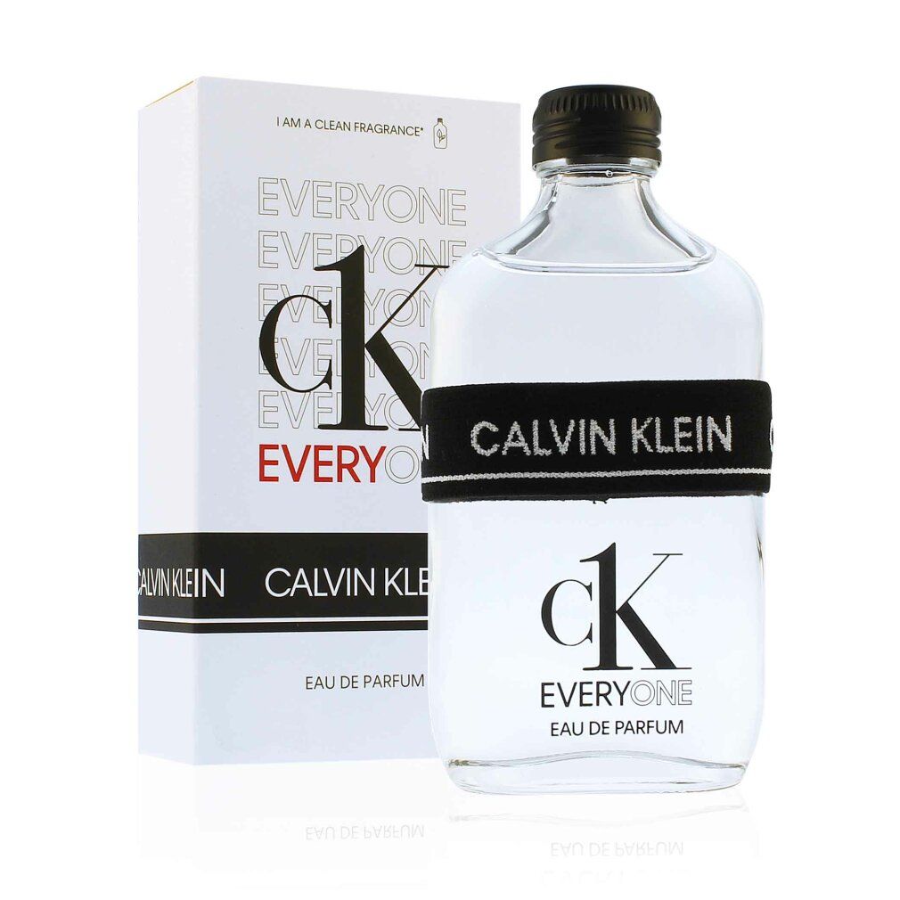 Flacon et emballage. Flacon: transparent, bouchon noir, bande Calvin Klein. Emballage: blanc, ck EVERYONE, Eau de Parfum.