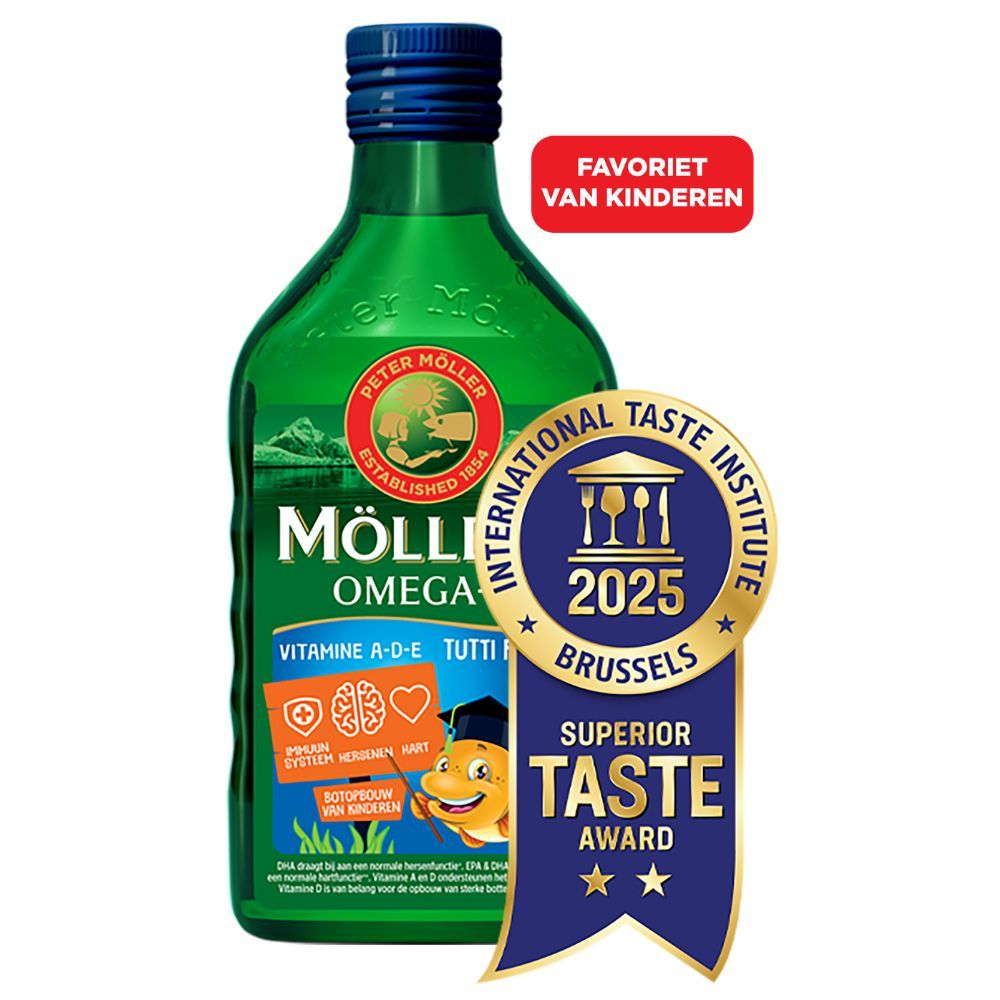 Groene fles met blauwe dop. Möller's Omega-3. Onderscheiding. Tekst: Favoriet van kinderen.