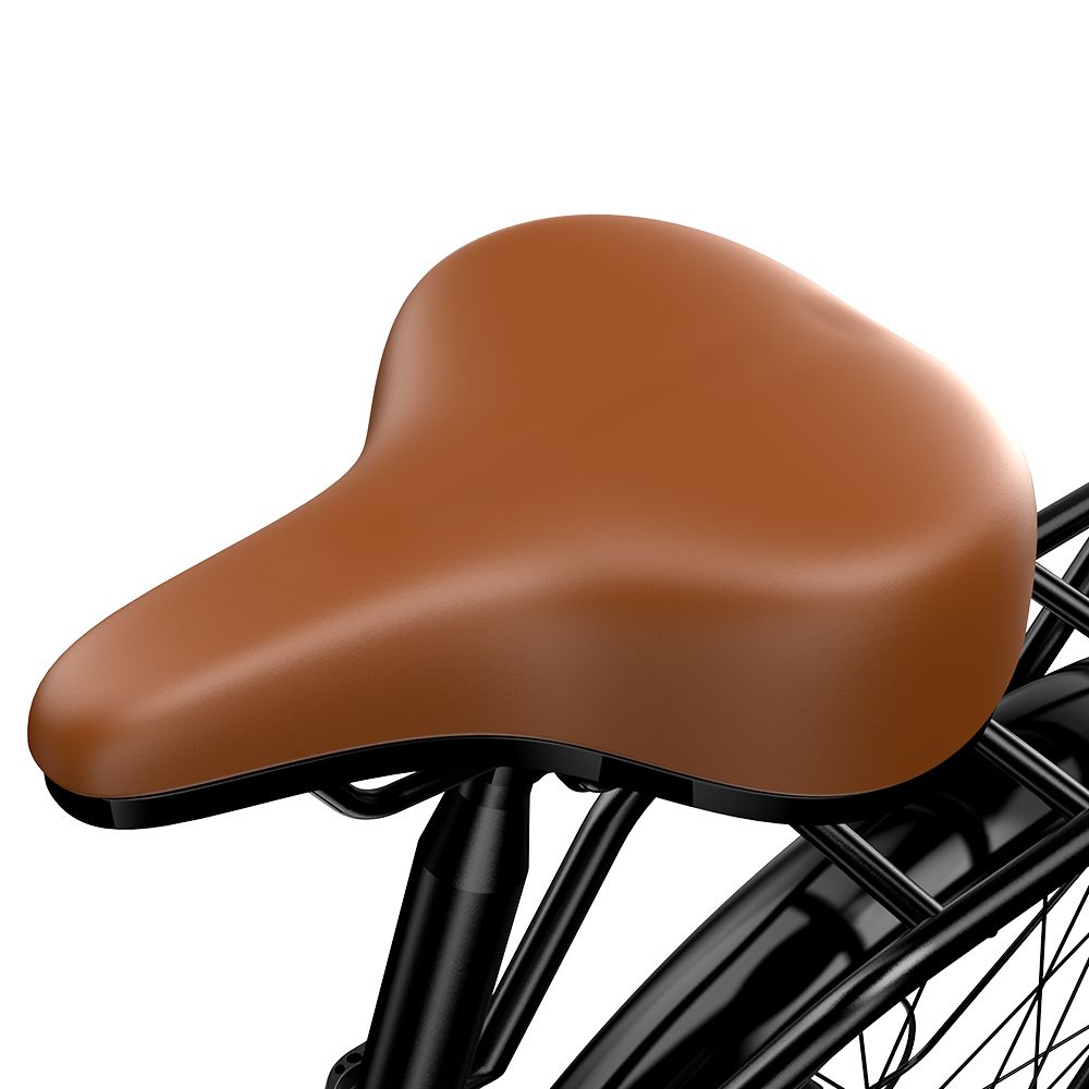 Selle de vélo marron sur vélo noir. Porte-bagages visible. Vue rapprochée.