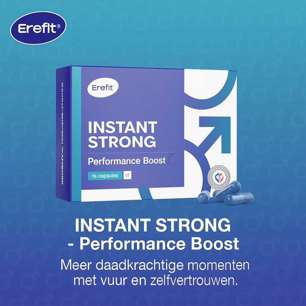 Erefit INSTANT STRONG-doos. Blauwe capsules ernaast. Logo en productnaam op de verpakking.