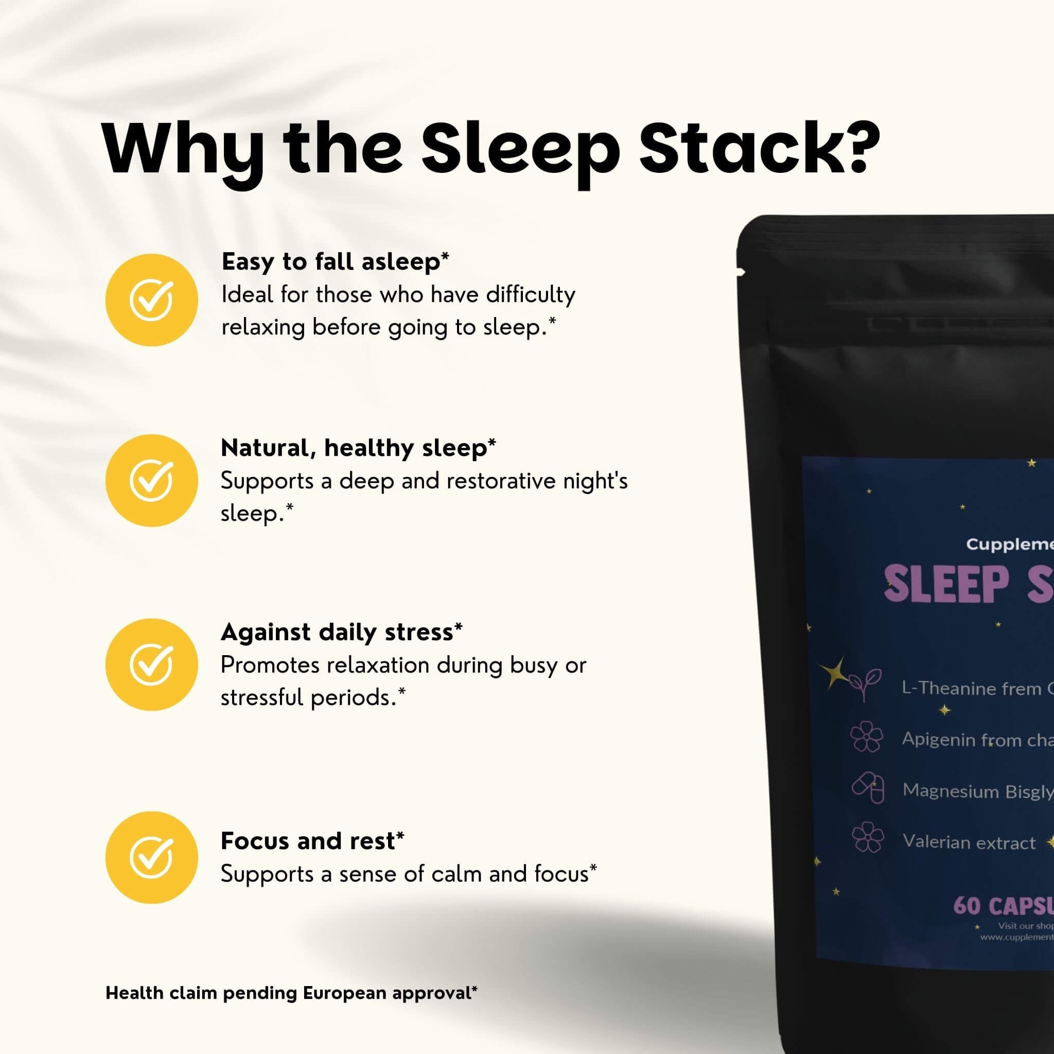 Sachet noir Sleep Stack, 60 capsules. Texte: Pourquoi Sleep Stack ? Facile de s'endormir, sommeil naturel, contre le stress, concentration.