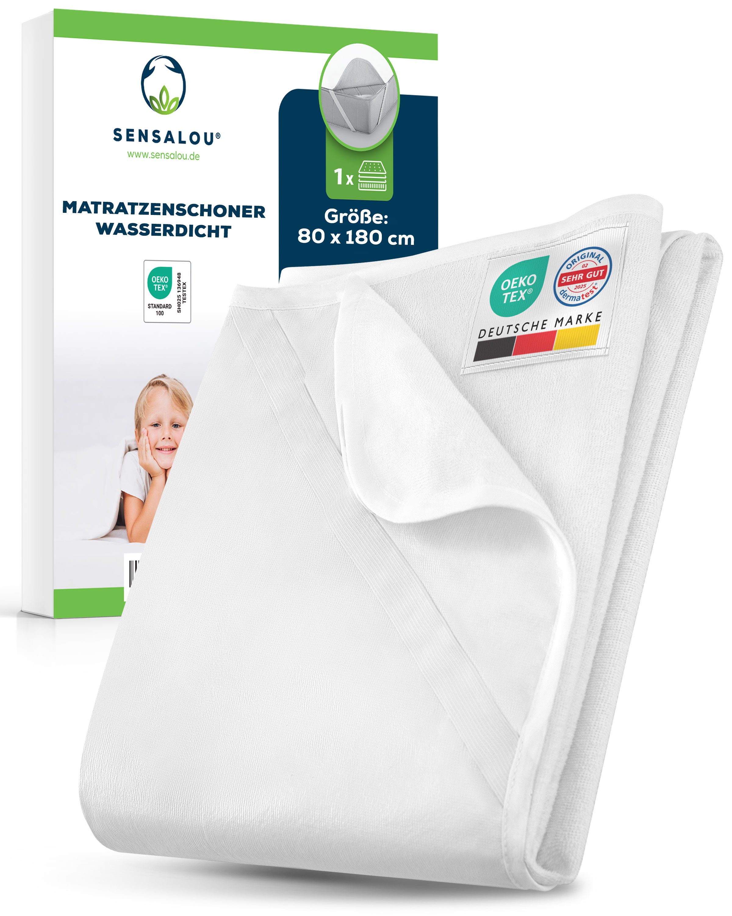 Protège-matelas blanc, emballage inclus. Dimensions 80x180cm. Imperméable. Certification Oeko-Tex. Marque allemande.