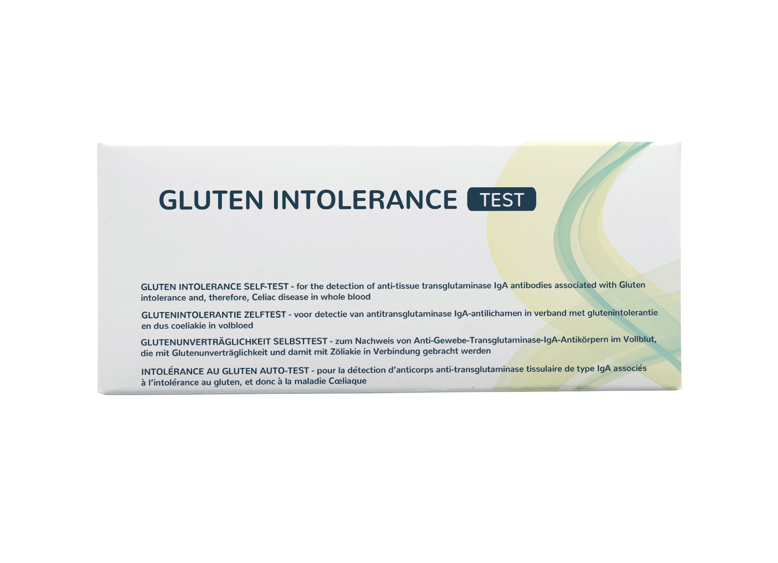 Voorkant van de verpakking van een glutenintolerantietest met Engelse en Duitse teksten.