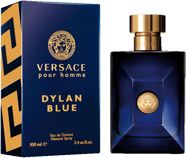 Blauw parfumflesje en doos. Gouden dop. Opschrift: Versace pour homme Dylan Blue. Medusa-logo.