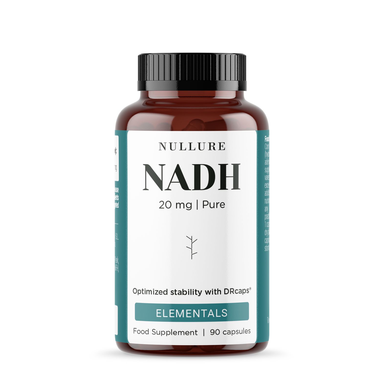 Flacon brun avec bouchon noir, étiquette 'NADH 20 mg | Pure'.