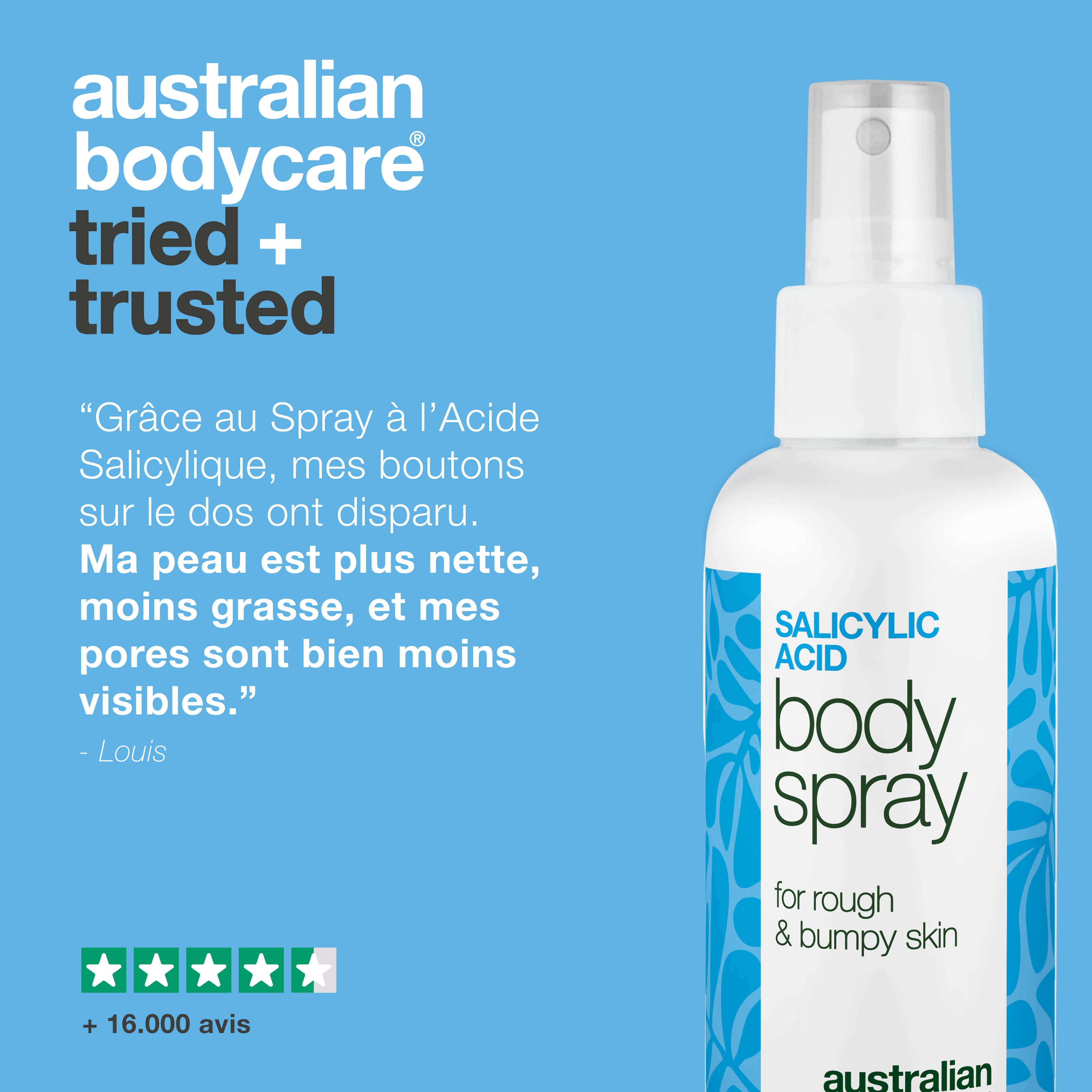 Flacon spray avec texte : Salicylic Acid Body Spray. Citation : Peau plus nette, pores moins visibles. Marque : Australian Bodycare.