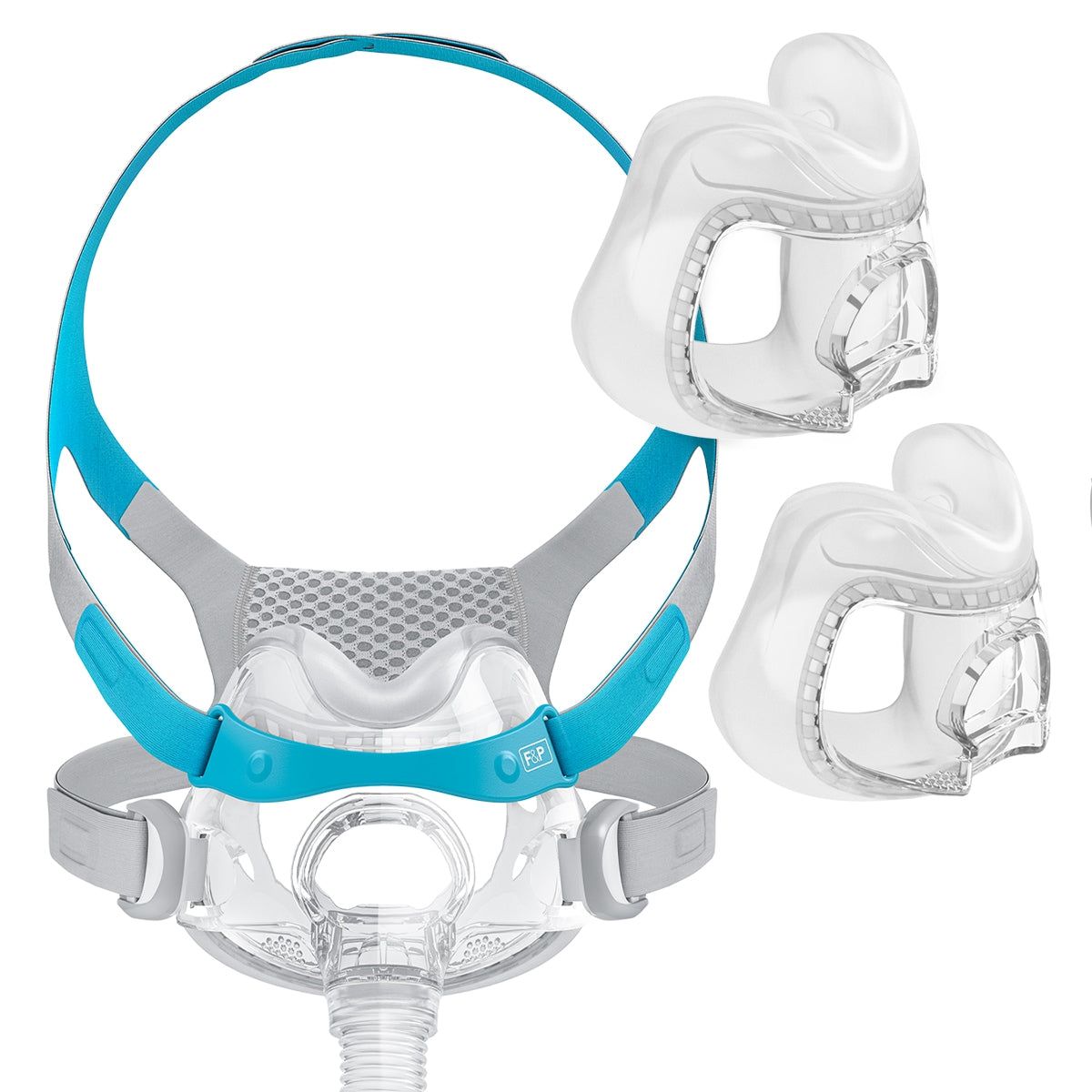 Volgelaatsmasker met blauw-grijs frame en twee reservemaskers. Transparant masker met slangverbinding.