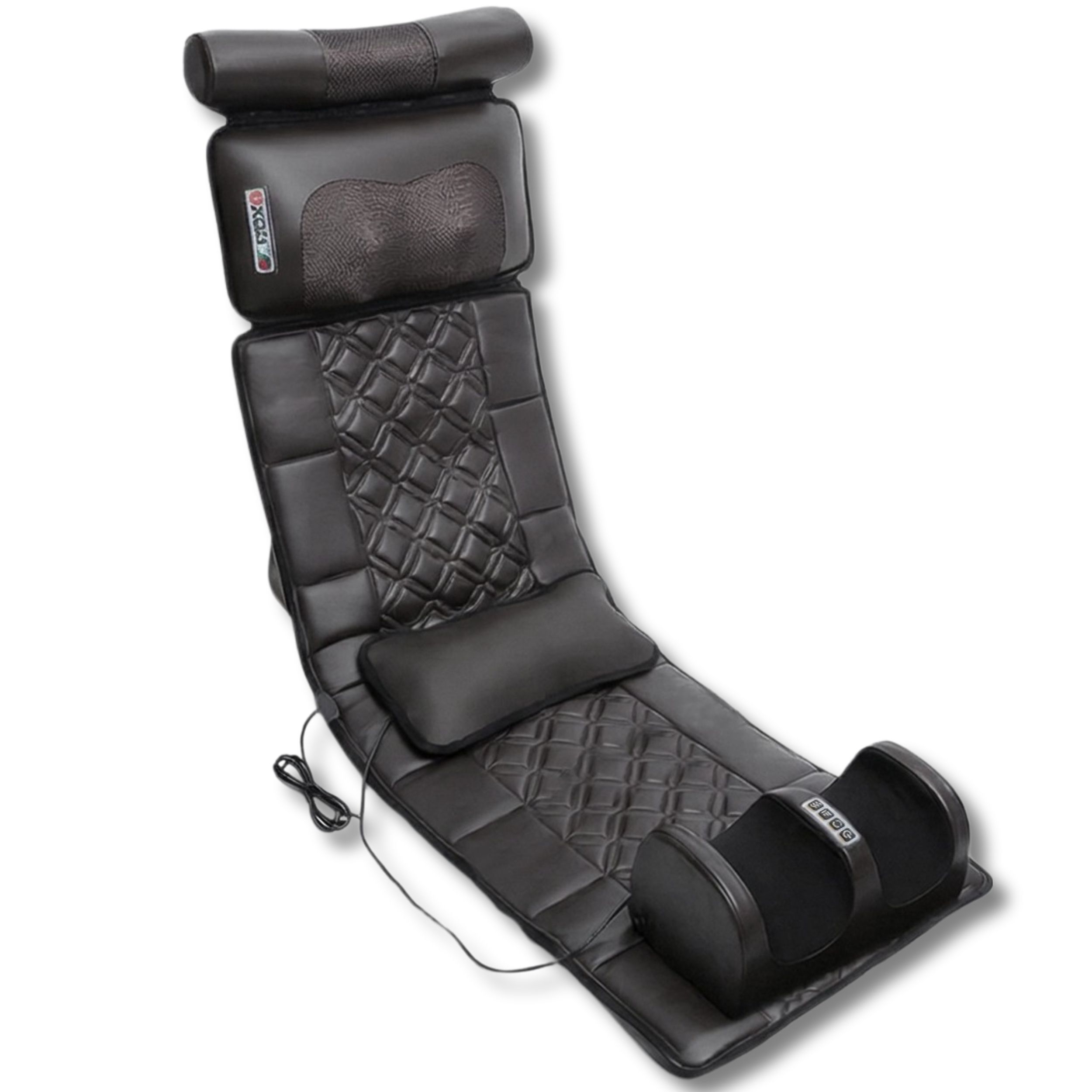 Zwart massage matras met voetmassageapparaat. Ruitpatroon op het ligvlak. Kabelaansluiting zichtbaar.