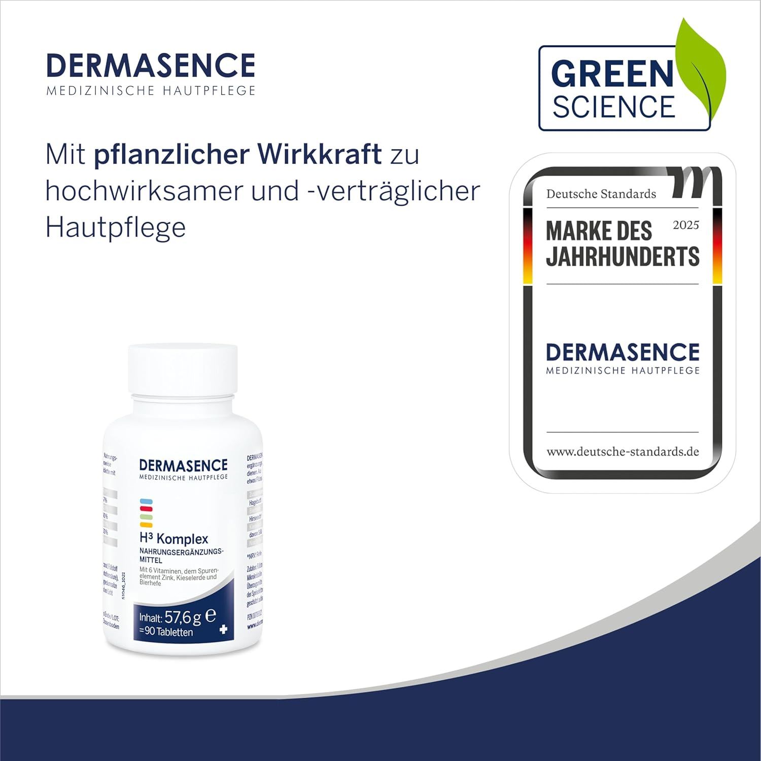 Witte tablettenfles met DERMASENCE-logo en H³ Komplex. Bevat 90 tabletten. Keurmerk 'Merk van de Eeuw'.