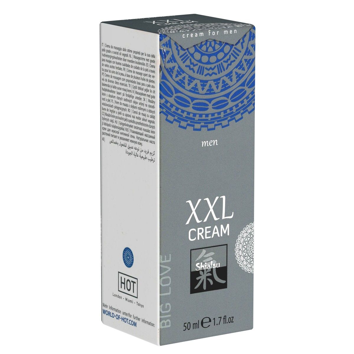 Grijze verpakking met blauw patroon en tekst. Bevat "XXL CREAM" en "Shiatsu". Tekst: "cream for men", "men", "50 ml 1.7 fl oz".