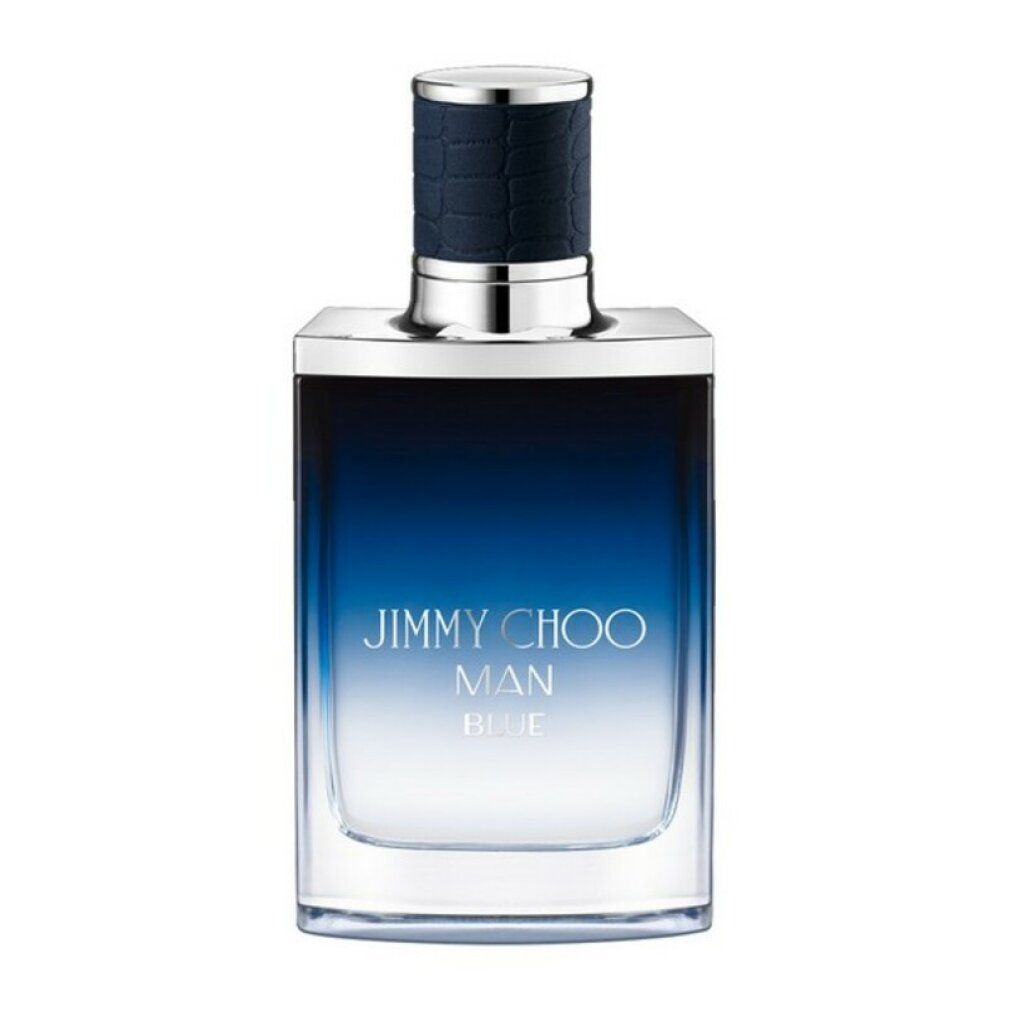 Rechthoekige fles Jimmy Choo Man Blue. Blauw-transparante vloeistof. Zwarte dop met zilveren ring.