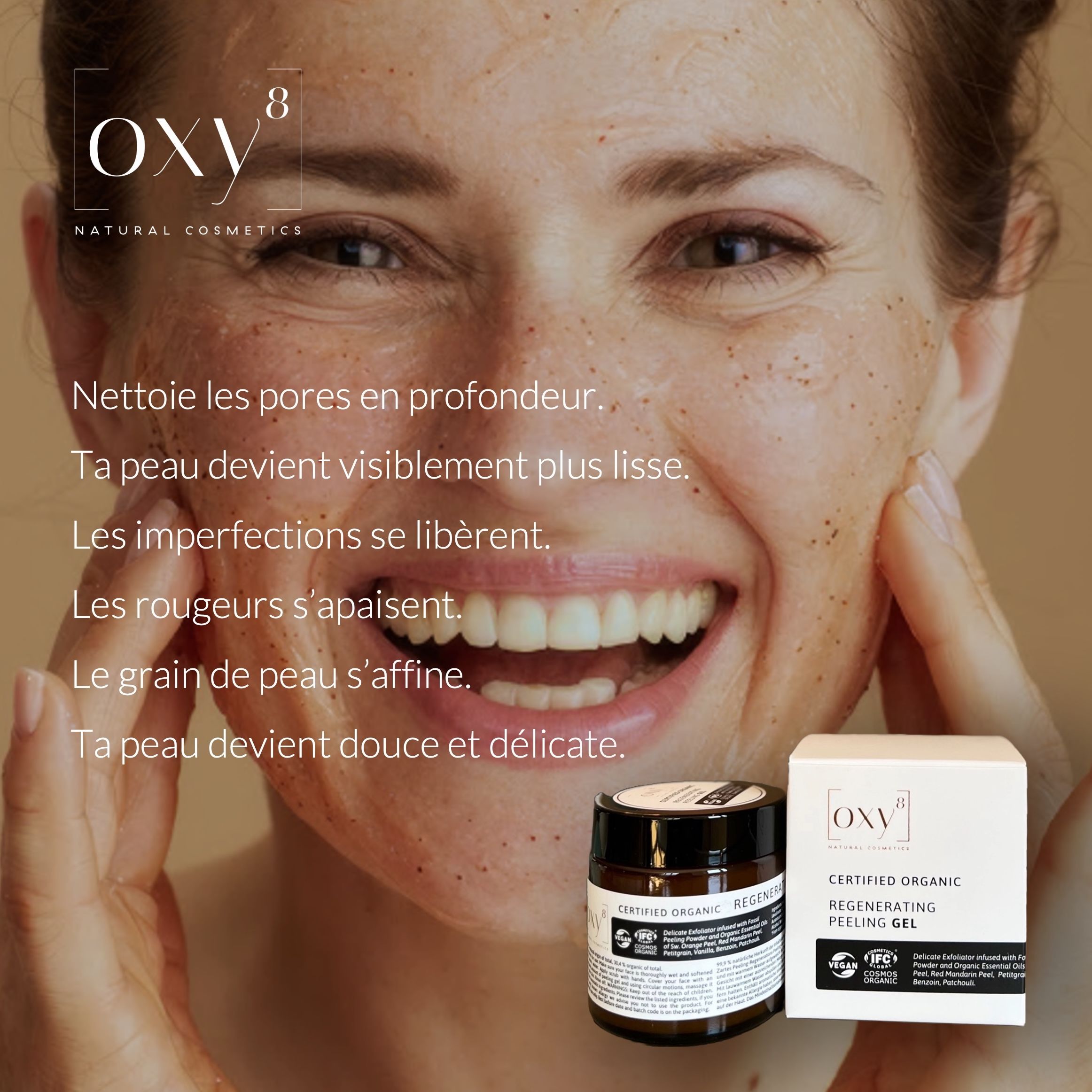 Produit avec texte: REGENERATING PEELING GEL. Femme avec peau lisse. Pot et boîte.