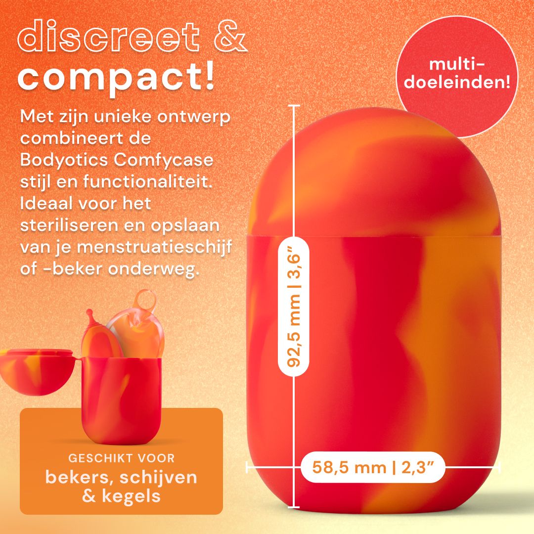 Rood en oranje sterilisatiehoesje voor menstruatiecups en -schijven, met spat-effect.
